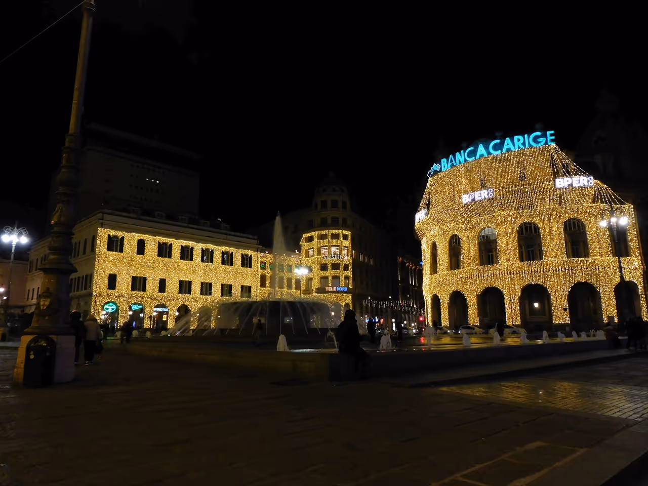Christmas illumination of the buildings at Piazza De Ferrari