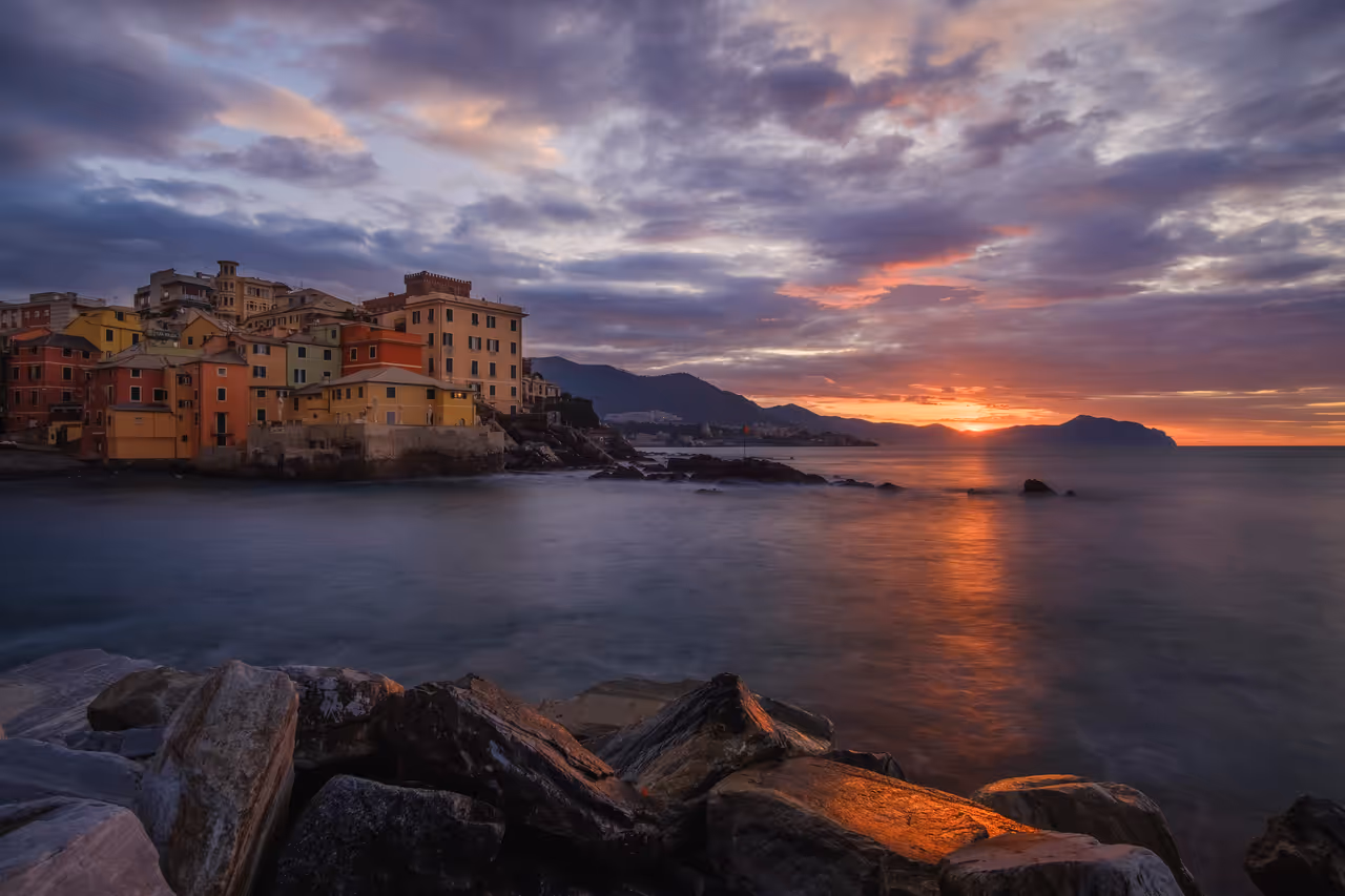 Sea paths of boccadasse in Genoa at sunrise