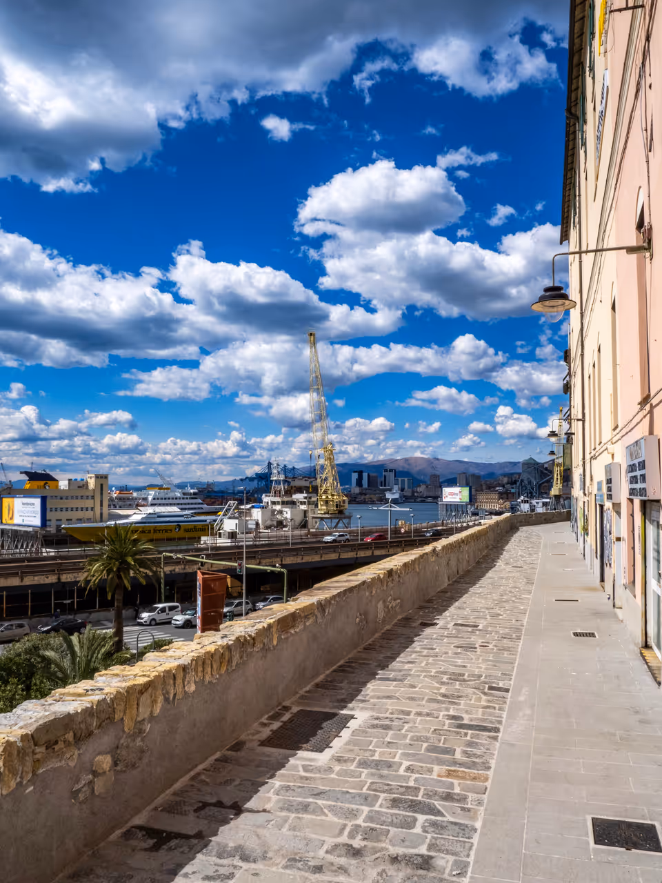 Walking on the defensive walls of in Genoa