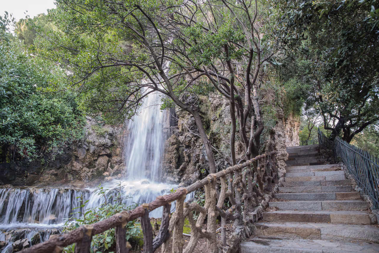 Waterfall in Villetta di negro park in Genoa as seen from the stairs
