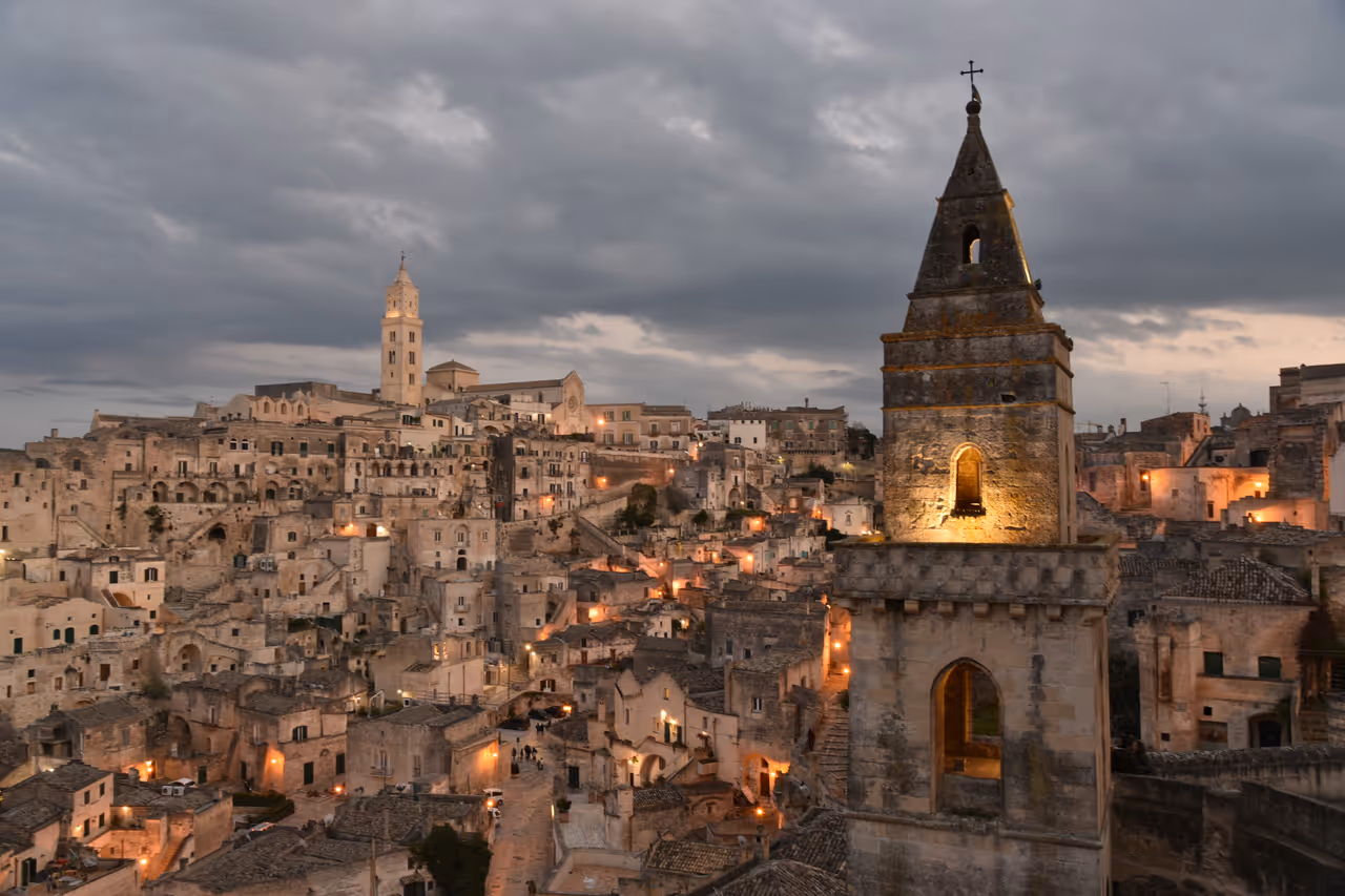 Matera from bird's eye view at dusk