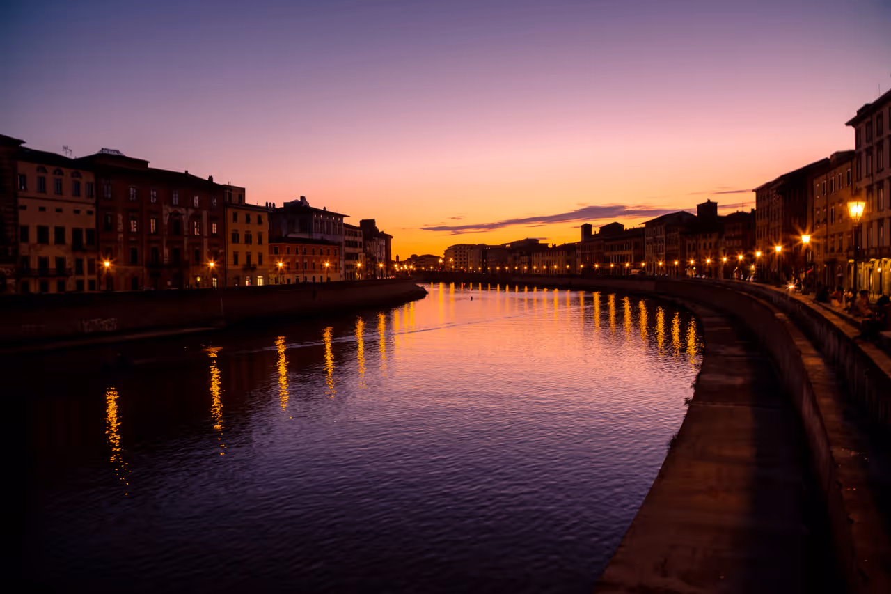 Lungarno at night seen from the Ponte di Mezzo, Pisa