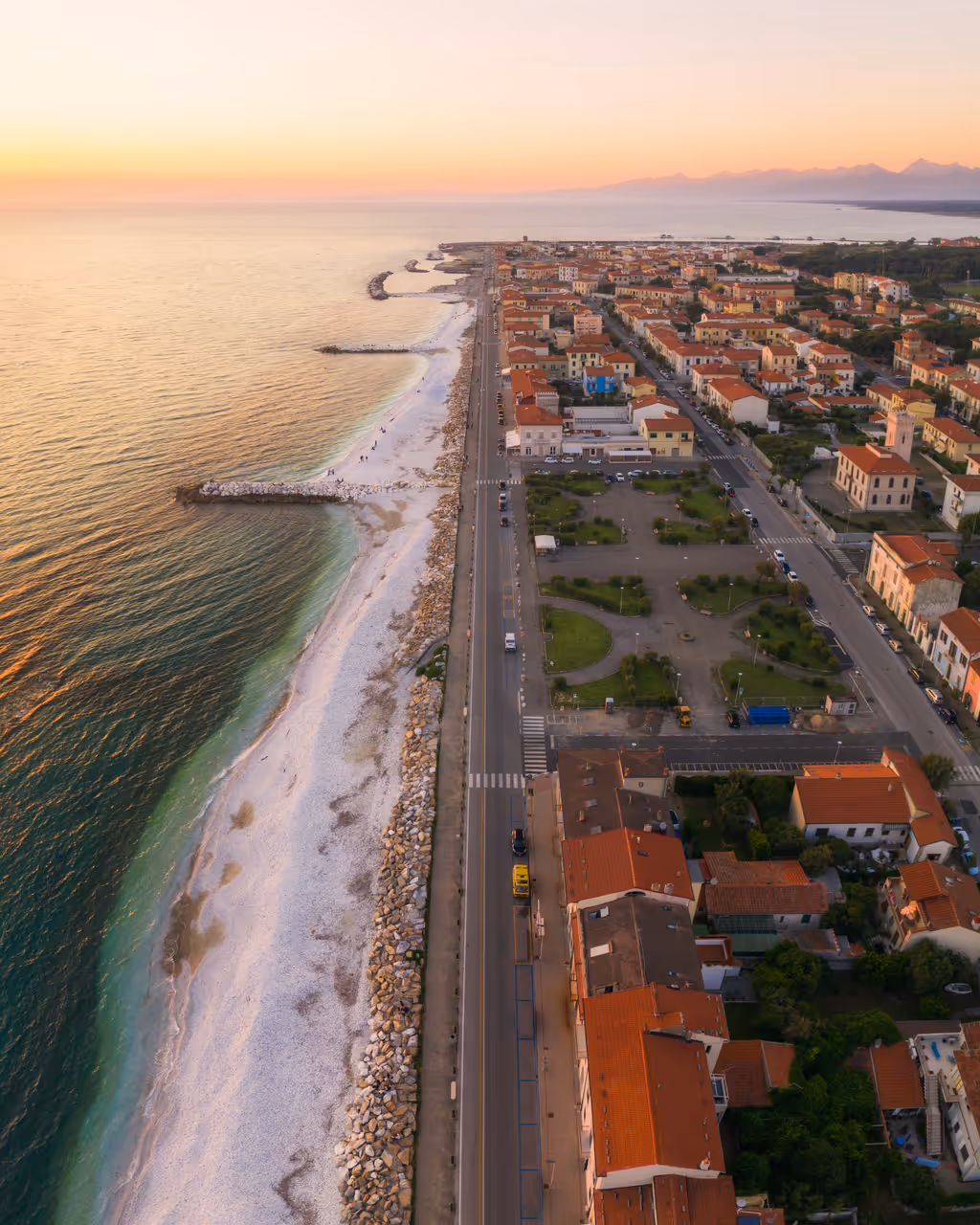 Aerial landscape of Marina di Pisa at the golden hour