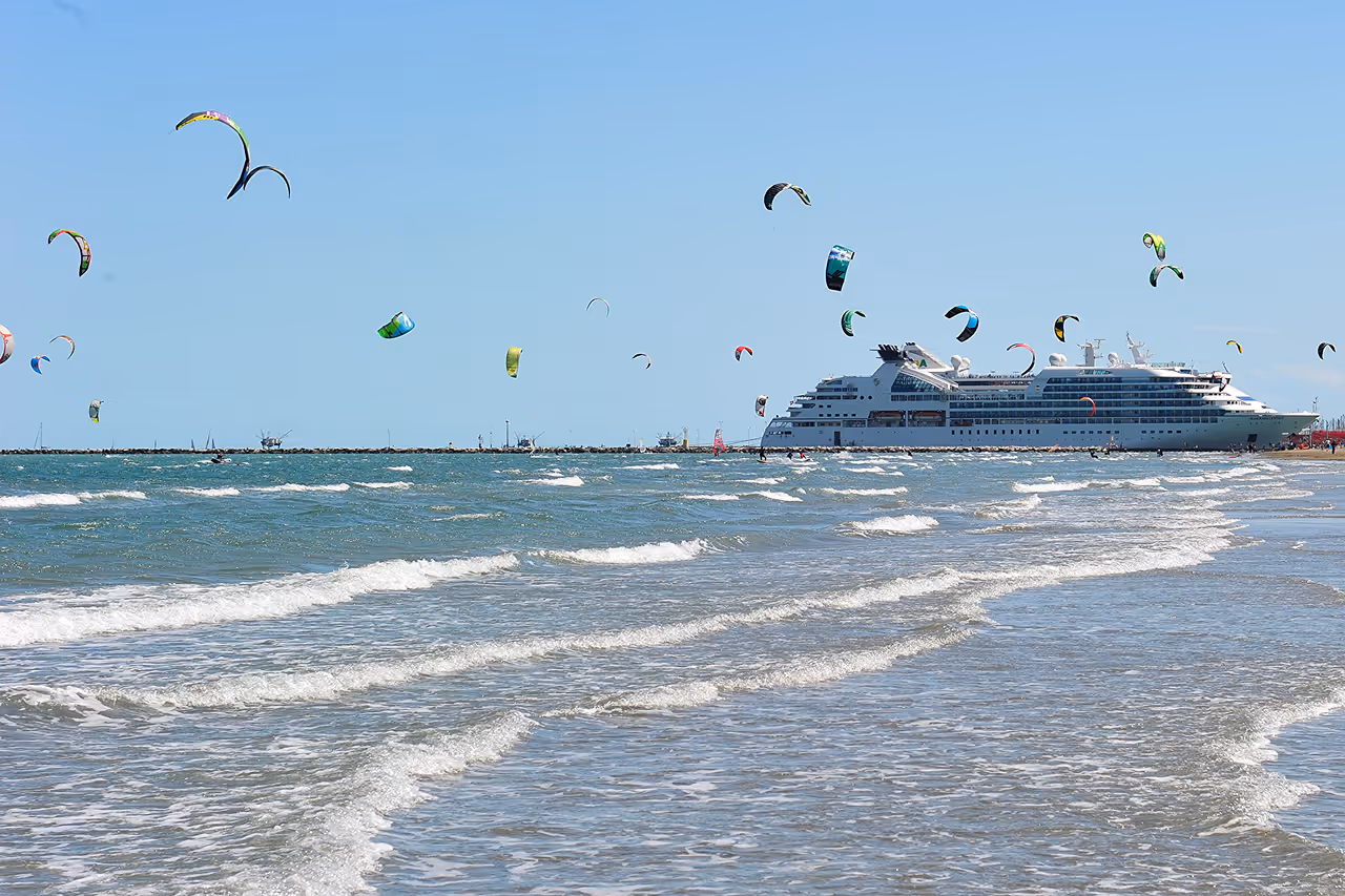 Ravenna beach with a cruise ship in the distance