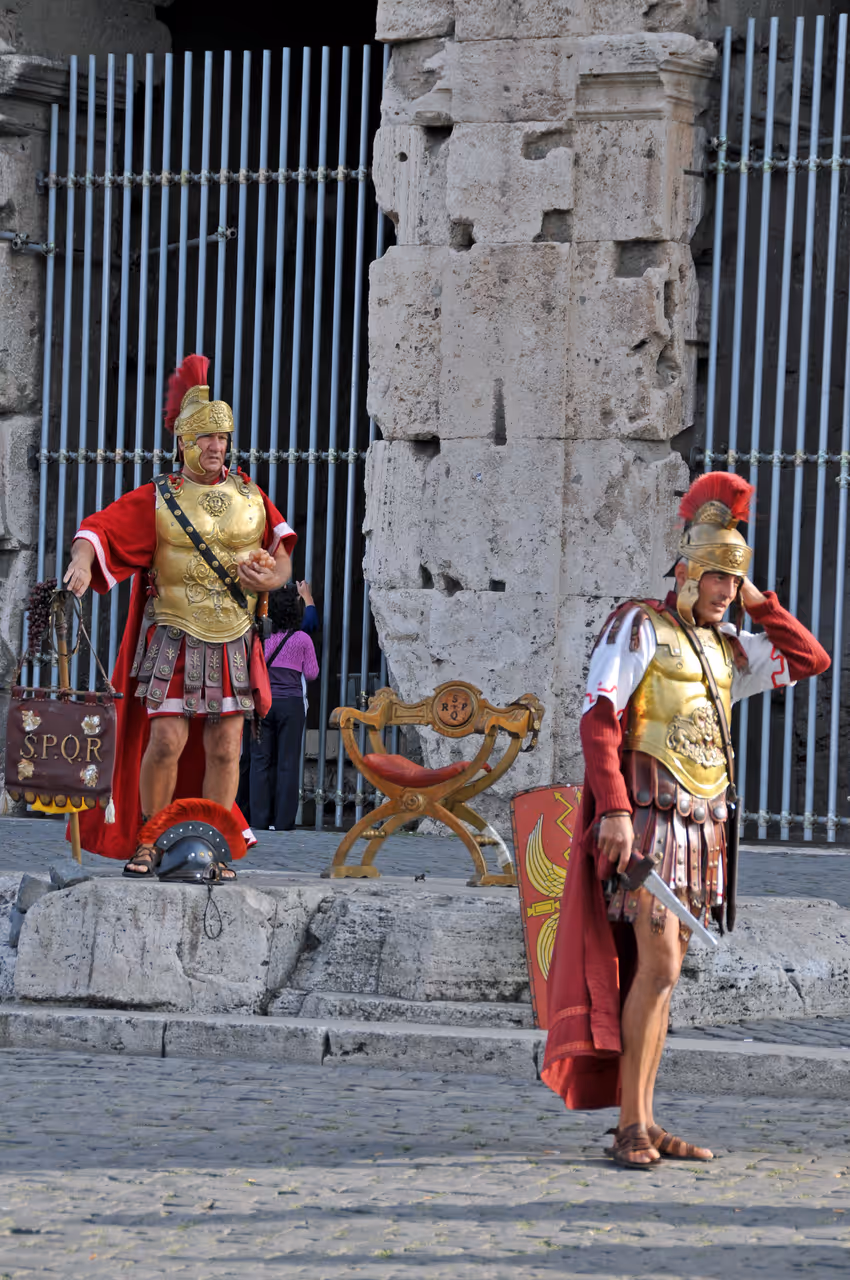 Roman soldiers outside the Colosseum in Rome, allowing you to take pictures with them for a fee