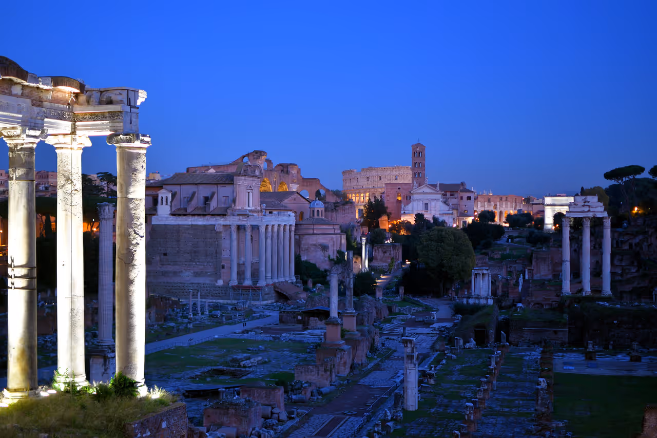 Roman forum in Rome at dusk