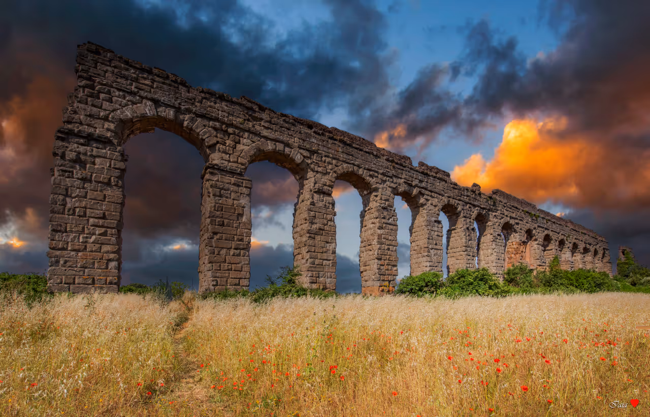Aqueduct in Rome at dusk