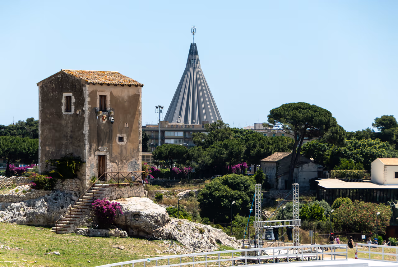 Neapolis Archaelogical Park, with the The Basilica of the Madonna delle Lacrime in the Background, Syracuse