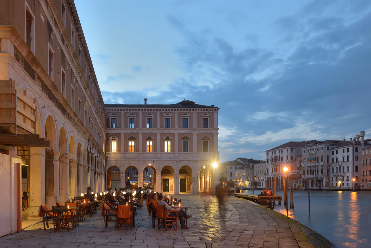 The Erbaria square at sunset in Venice.