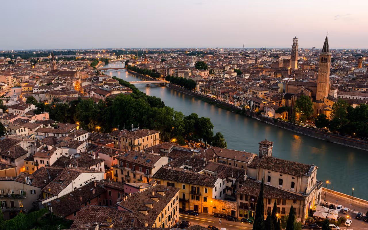 Verona at sunset, showing the city and bridges
