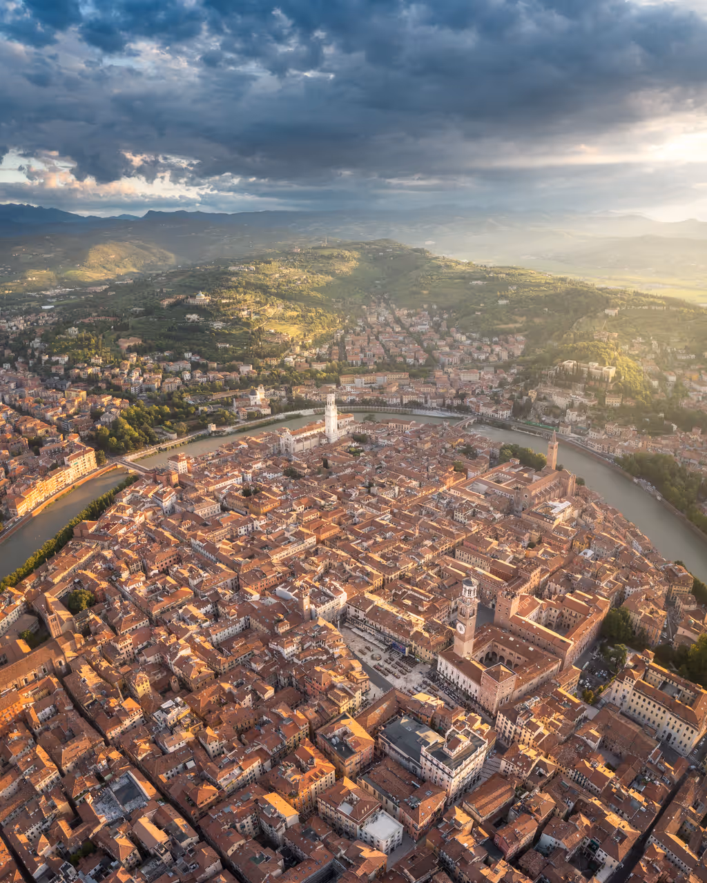 Aerial picture of the city of Verona taken at dawn
