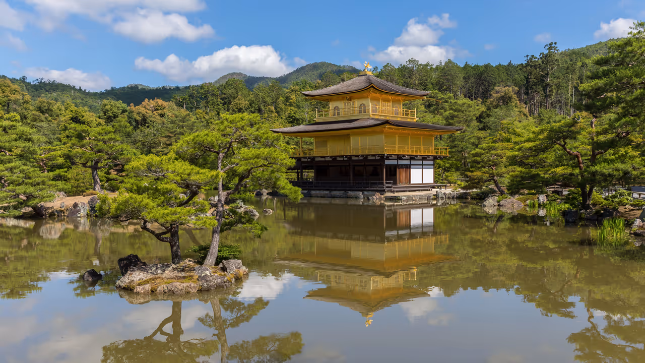 Wide-frame view and water reflection of Kinkaku-ji Temple, a sunny day, Kyoto