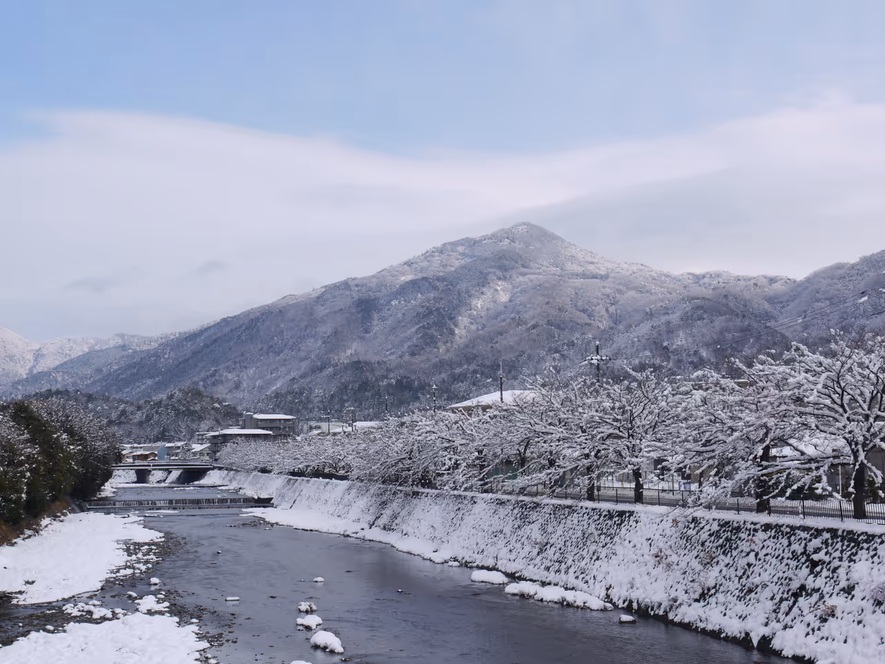 Mount Hiei in winter, from Umahashi over Takano river.