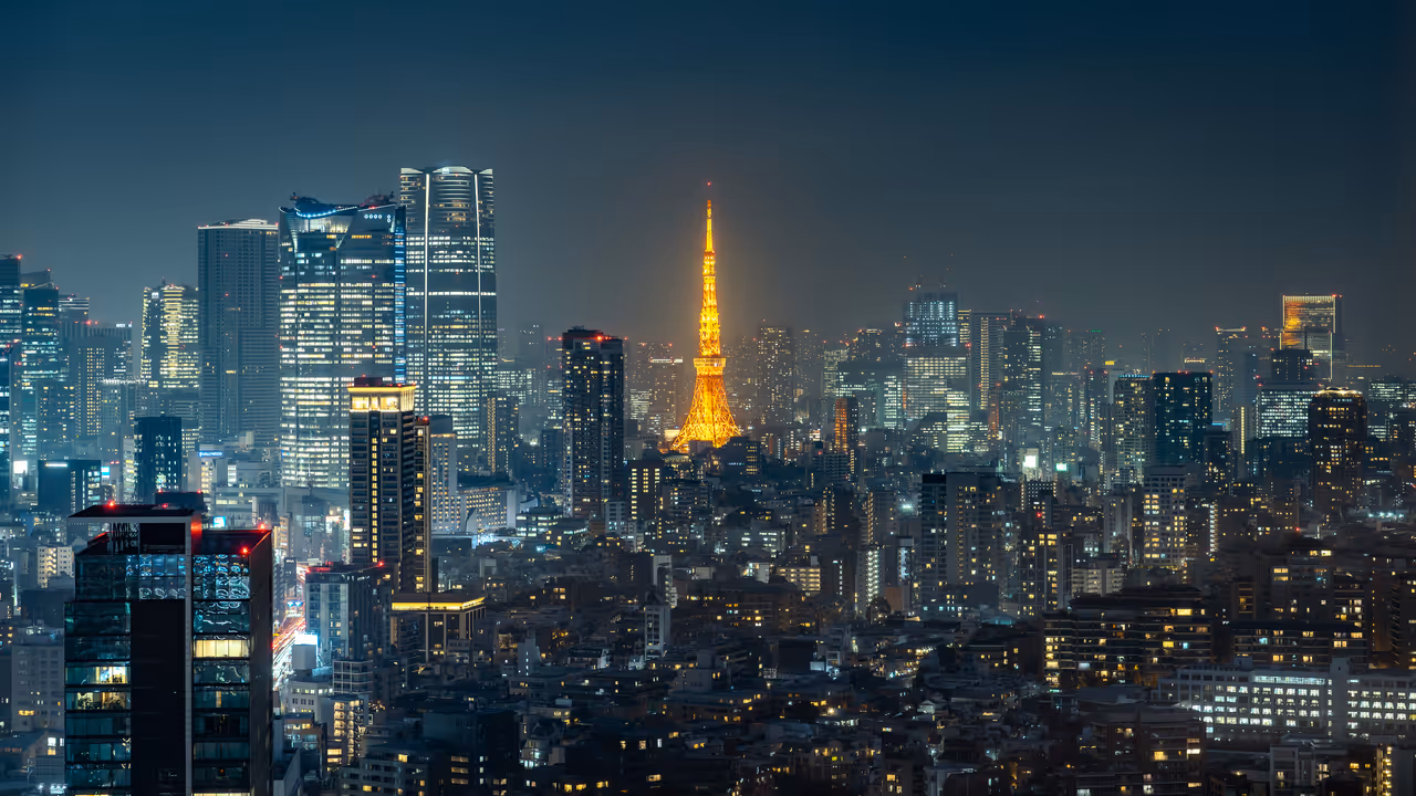 A high-angle night photograph of the tower in Tokyo