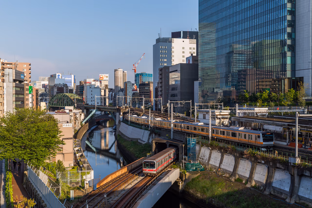 Tokyo Metro, surrounded by buildings and river