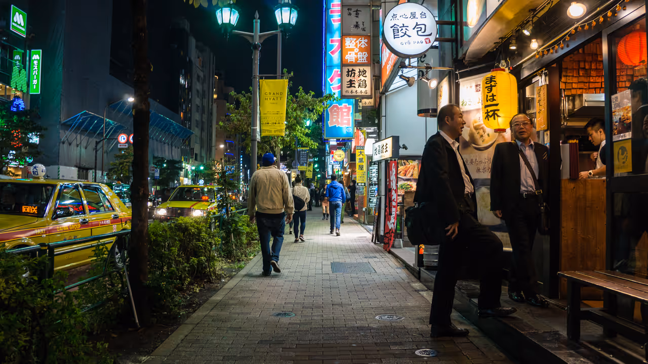 Outside an izakaya in the Roppongi district in Tokyo at night