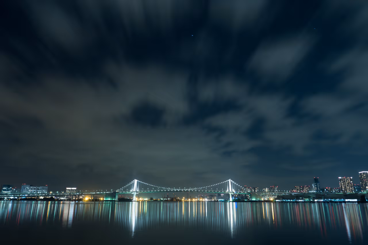 Rainbow bridge at night in Tokyo