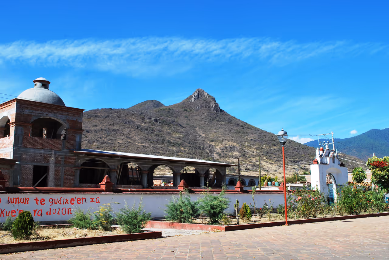 El Picacho Peak as seen from the atrium of the Preciosa Sangre de Cristo in Teotitlán del Valle, Oaxaca, Mexico
