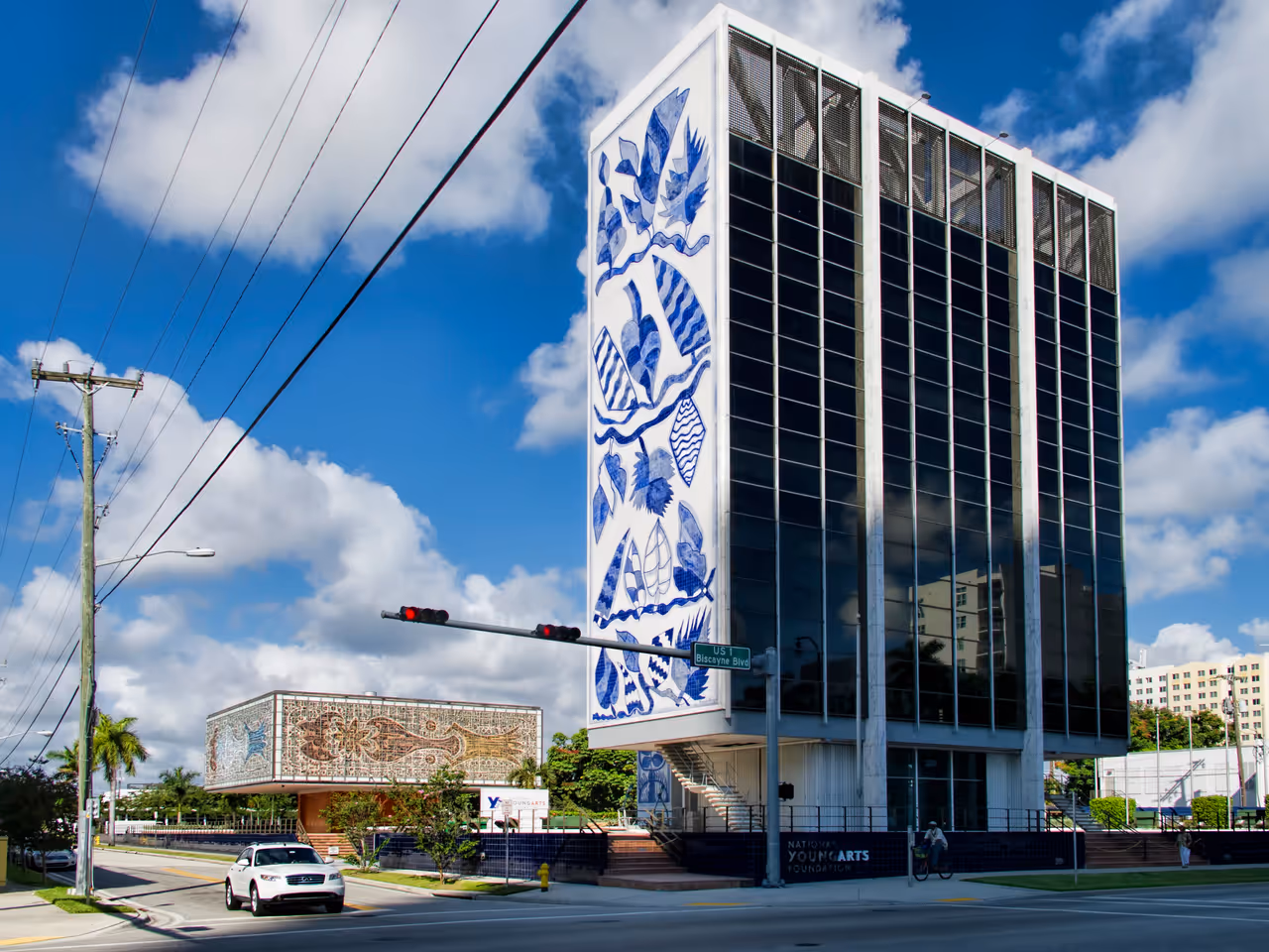 The National YoungArts Foundation headquarters at the former Bacardi Plaza in Miami featuring a distinct blue and white tiled mural on the exterior of a modern multi-storey tower block