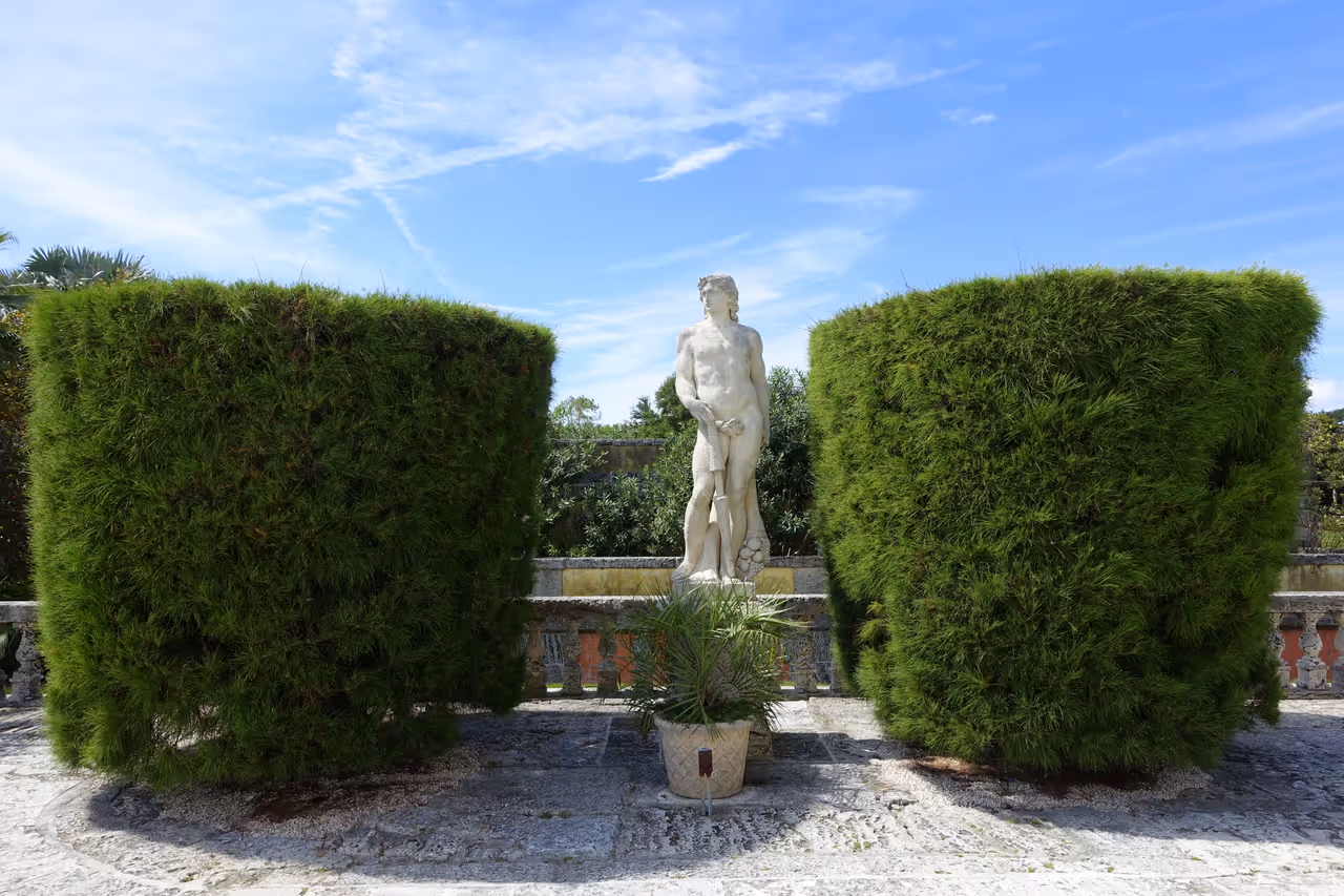 A classical marble statue positioned between two large, rectangularly manicured green hedges under a clear blue sky