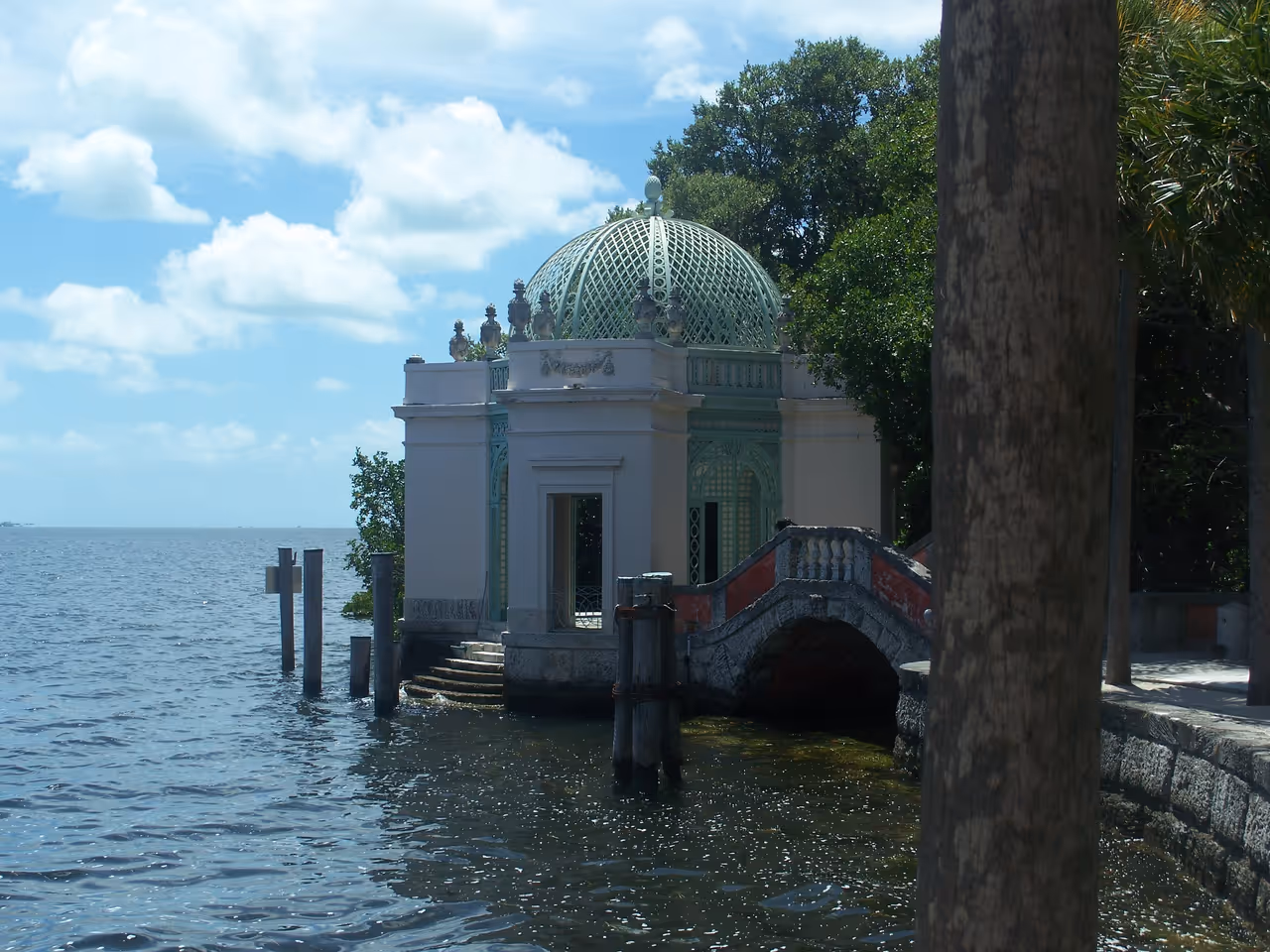 Historic Italianate casino pavilion and stone bridge at Villa Vizcaya in Coconut Grove overlooking Biscayne Bay