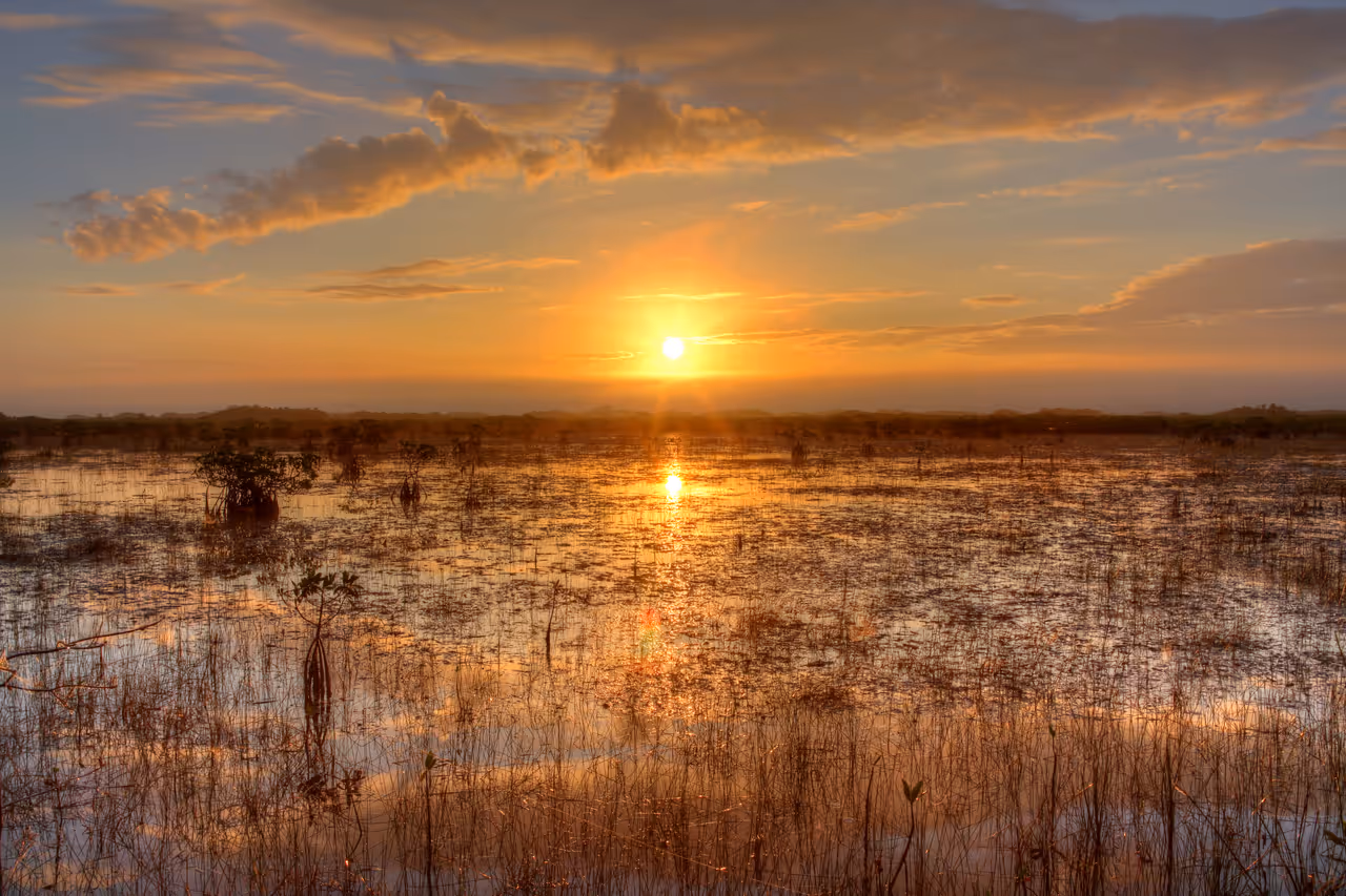 Vibrant sunset over a flooded sawgrass marsh in the Everglades as the sun reflects on the water surface