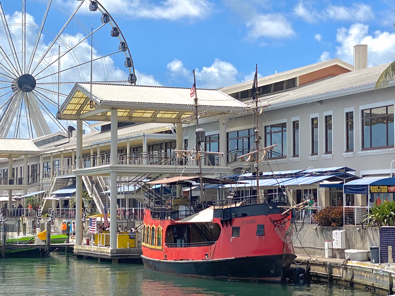 Red pirate ship docked at Bayside Marketplace in Miami