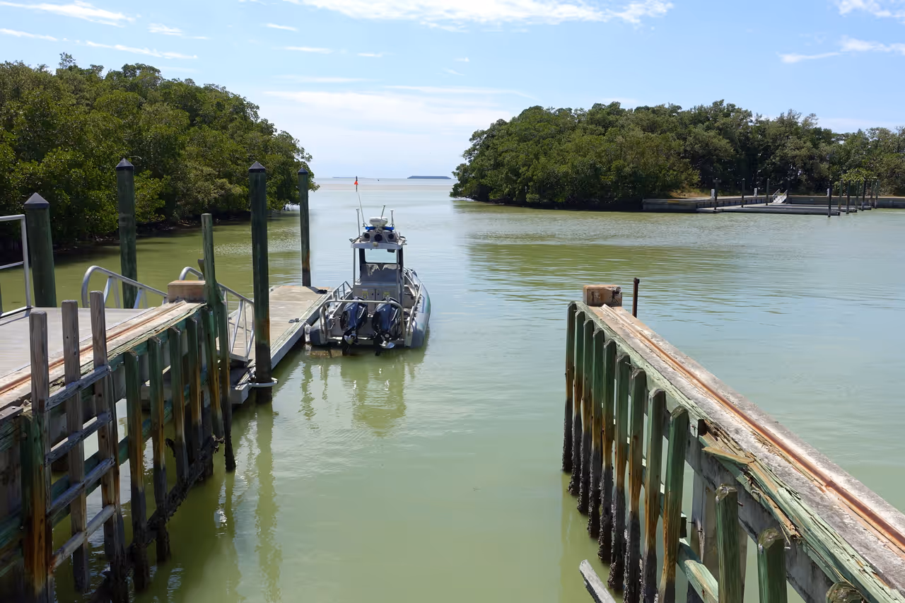 A park service boat docked at the Flamingo Marina in Everglades National Park, Florida