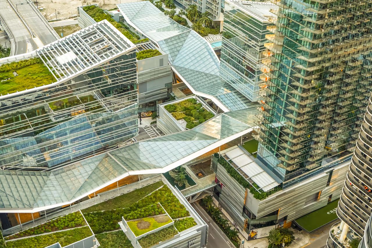 Aerial view of Brickell City Centre green roofs and glass climate ribbon in Miami