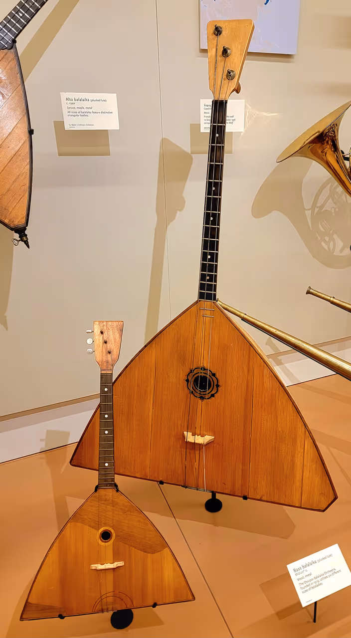 A prima balalaika and a bass balalaika at the musical Instrument Museum (museum in Phoenix, Arizona).