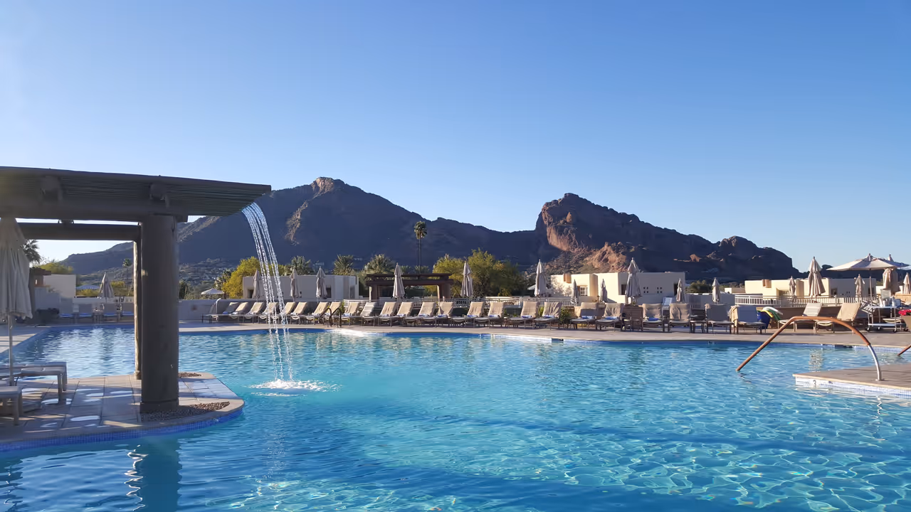 The Pool at the JW Marriott Camelback Inn, with Camelback Mountain in the background, Phoenix