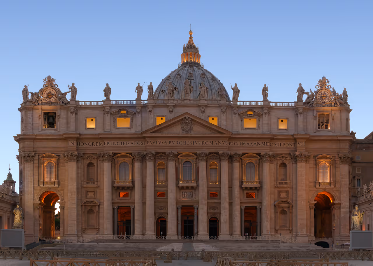 Facade of Saint Peter's Basilica in Rome, beginning of the evening.